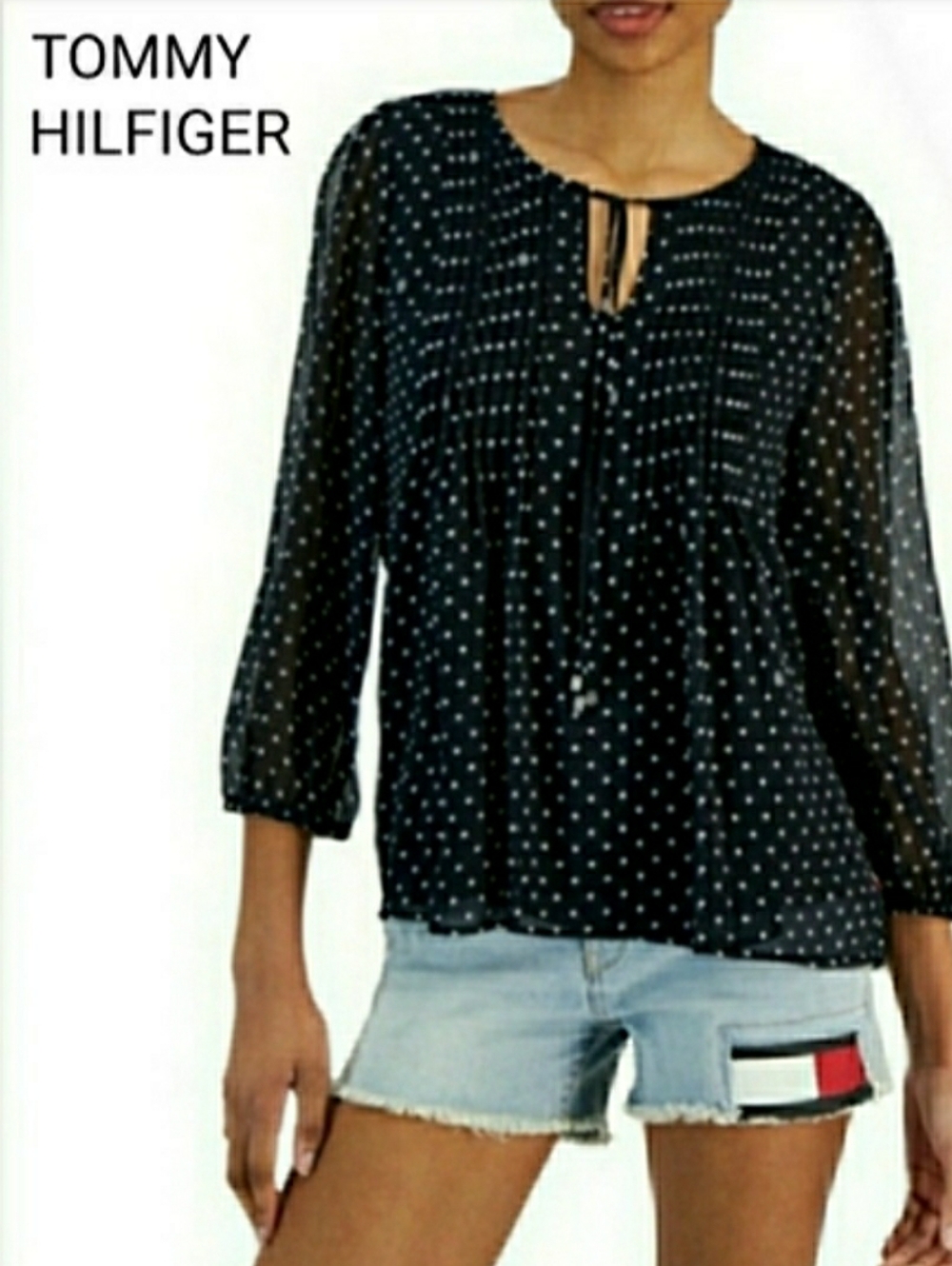 Tommy Hilfiger Polka Dot Tie-Front Blouse 3/4 Sleeve Top